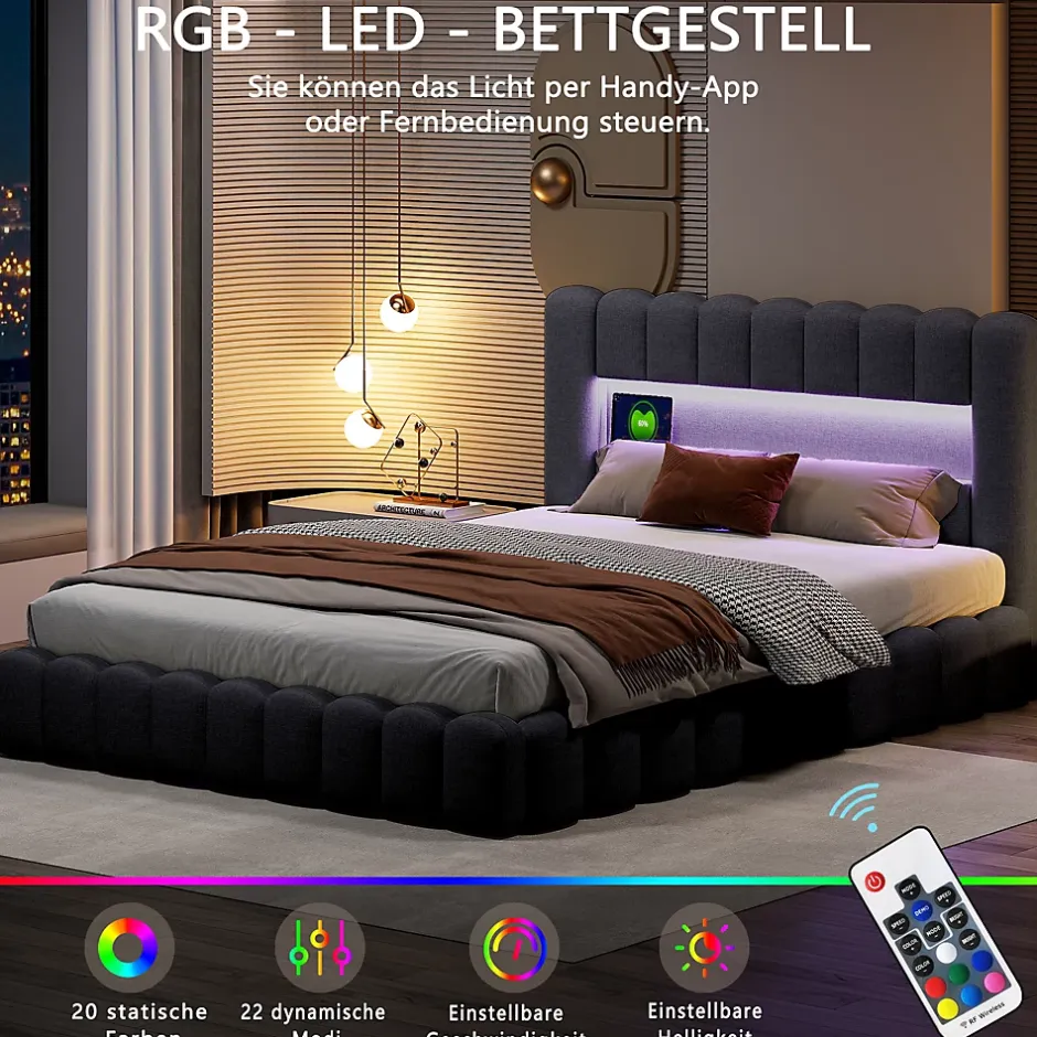 Simple Life Lit 180x200cm avec LED tête de lit, Lit capitonné avec Rangement, Lit Coffre, Lin, Gris Clearance