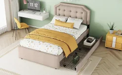 Enfant Fortuna lai Lit 90x200cm, avec tiroirs et clous décoratifs, Beige