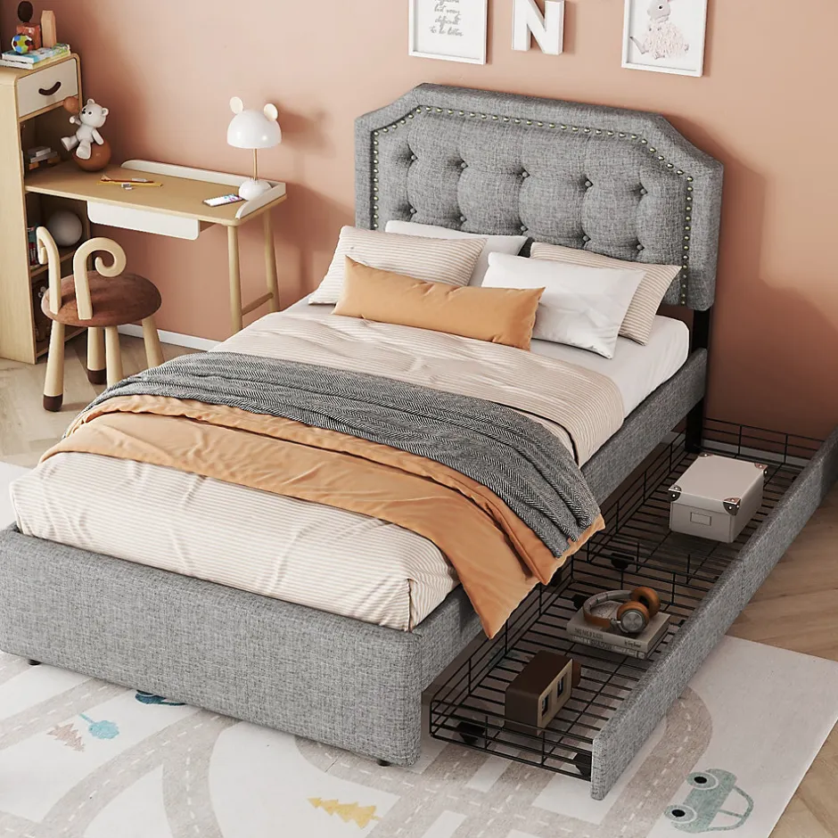 Enfant Fortuna lai Lit 90x200cm, avec tiroirs et clous décoratifs, Gris