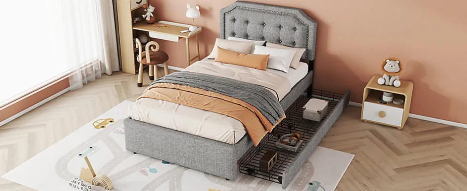 Enfant Fortuna lai Lit 90x200cm, avec tiroirs et clous décoratifs, Gris