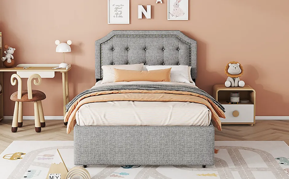 Enfant Fortuna lai Lit 90x200cm, avec tiroirs et clous décoratifs, Gris