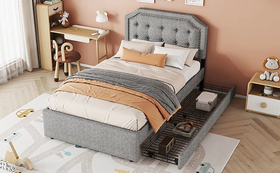 Enfant Fortuna lai Lit 90x200cm, avec tiroirs et clous décoratifs, Gris