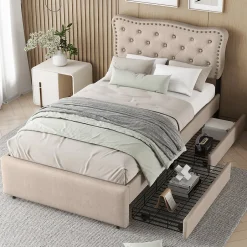 Enfant Fortuna lai Lit 90x200cm, avec tiroirs et clous décoratifs, Beige