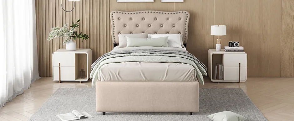 Enfant Fortuna lai Lit 90x200cm, avec tiroirs et clous décoratifs, Beige