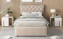 Enfant Fortuna lai Lit 90x200cm, avec tiroirs et clous décoratifs, Beige