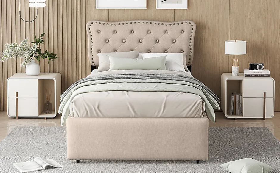 Enfant Fortuna lai Lit 90x200cm, avec tiroirs et clous décoratifs, Beige