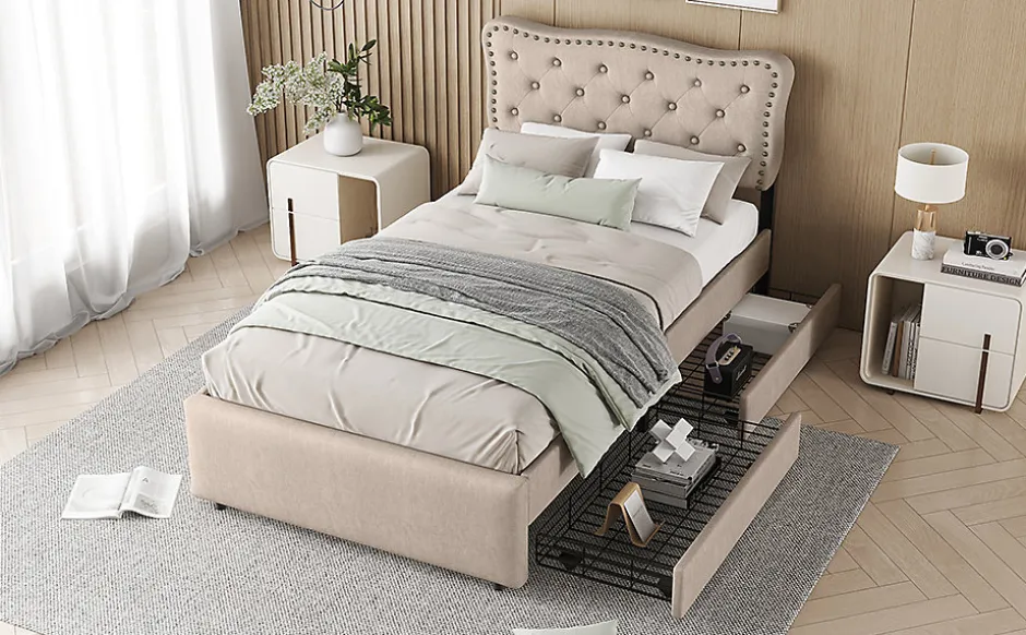 Enfant Fortuna lai Lit 90x200cm, avec tiroirs et clous décoratifs, Beige