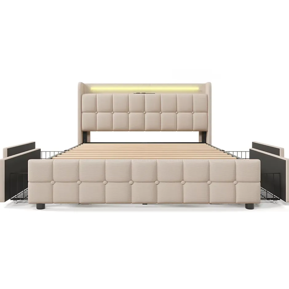 ProximaX Lit 180x200cm avec tiroirs, Lit double capitonné avec rangement, éclairage LED, 2 chargeurs USB, Beige Clearance