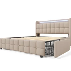ProximaX Lit 180x200cm avec tiroirs, Lit double capitonné avec rangement, éclairage LED, 2 chargeurs USB, Beige Clearance