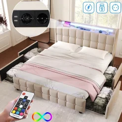 ProximaX Lit 180x200cm avec tiroirs, Lit double capitonné avec rangement, éclairage LED, 2 chargeurs USB, Beige Clearance