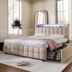 ProximaX Lit 180x200cm avec tiroirs, Lit double capitonné avec rangement, éclairage LED, 2 chargeurs USB, Beige Clearance