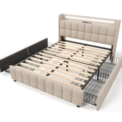 ProximaX Lit 180x200cm avec tiroirs, Lit double capitonné avec rangement, éclairage LED, 2 chargeurs USB, Beige Clearance