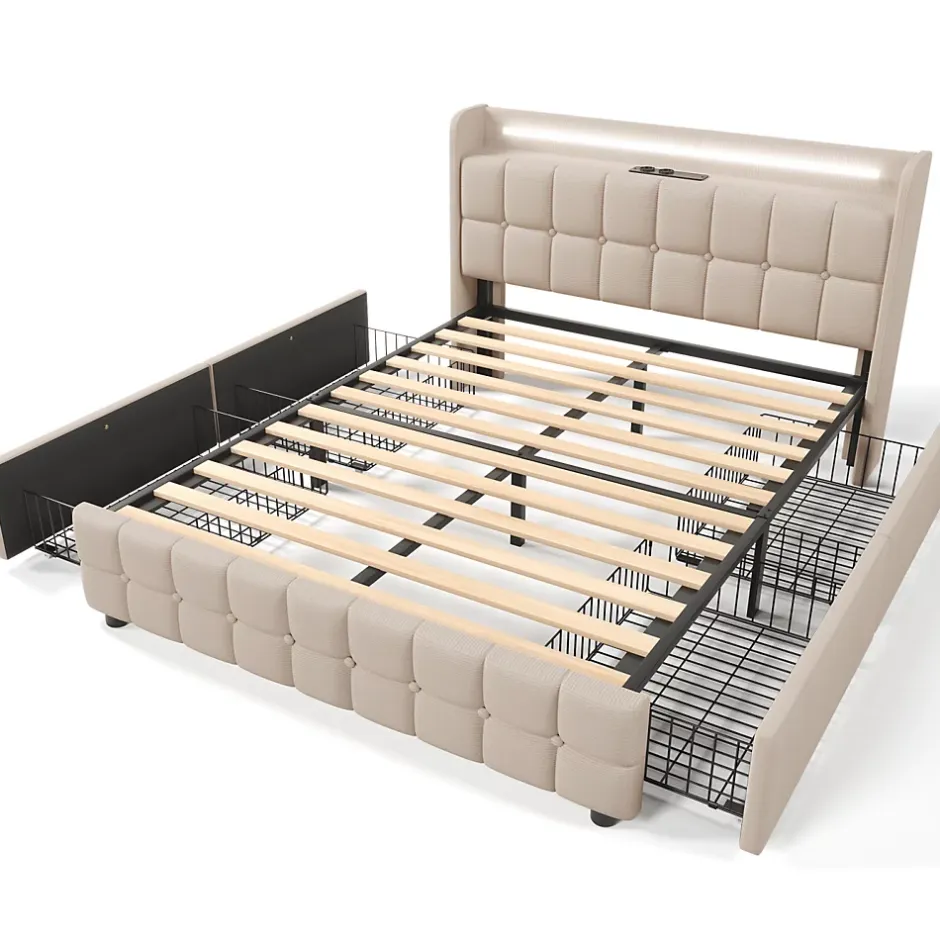ProximaX Lit 180x200cm avec tiroirs, Lit double capitonné avec rangement, éclairage LED, 2 chargeurs USB, Beige Clearance