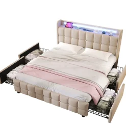 ProximaX Lit 180x200cm avec tiroirs, Lit double capitonné avec rangement, éclairage LED, 2 chargeurs USB, Beige Clearance