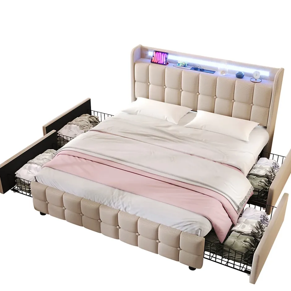 ProximaX Lit 180x200cm avec tiroirs, Lit double capitonné avec rangement, éclairage LED, 2 chargeurs USB, Beige Clearance