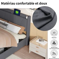 Fortuna lai lit 160x200cm Hauteur 30cm Cadre de lit tapissé avec tête de lit Sommier à Lattes en Bois Gris foncé