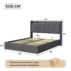 Fortuna lai lit 160x200cm Hauteur 30cm Cadre de lit tapissé avec tête de lit Sommier à Lattes en Bois Gris foncé