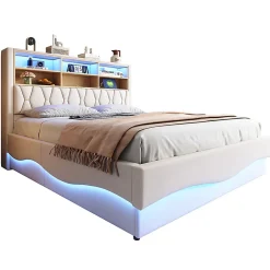 Blackcolors Lit 180x200cm, LED app, USB, rangement hydraulique, sommier lattes, lin beige