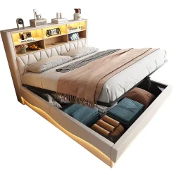 Blackcolors Lit 180x200cm, LED app, USB, rangement hydraulique, sommier lattes, lin beige