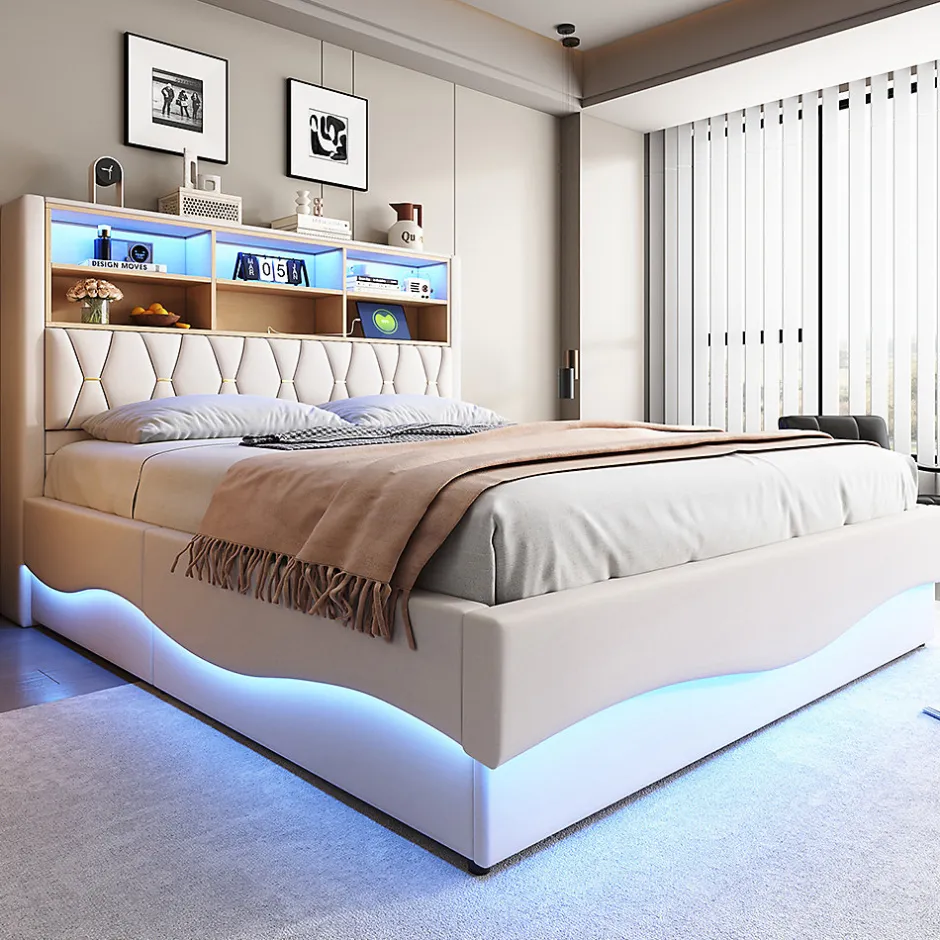 Blackcolors Lit 180x200cm, LED app, USB, rangement hydraulique, sommier lattes, lin beige