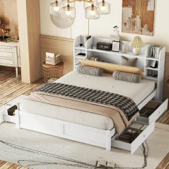 Fortuna lai Lit 180x200cm, tête de lit partiellement inclinable, 4 tiroirs, Blanc
