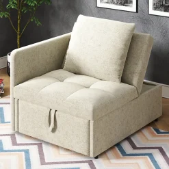 Redom Lit 177x68x65 cm convertible 3-en-1 en tissu lin beige, dossier 5 positions, idéal pour petits espaces Best