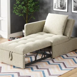 Redom Lit 177x68x65 cm convertible 3-en-1 en tissu lin beige, dossier 5 positions, idéal pour petits espaces Best