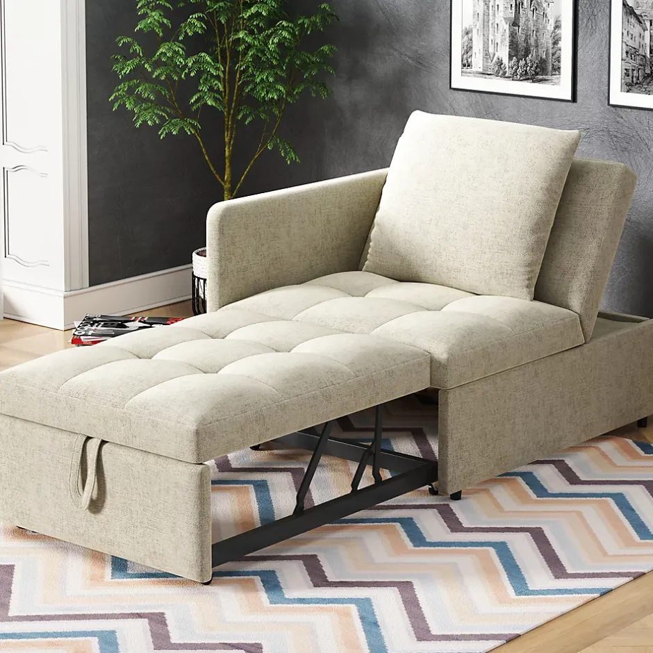 Redom Lit 177x68x65 cm convertible 3-en-1 en tissu lin beige, dossier 5 positions, idéal pour petits espaces Best