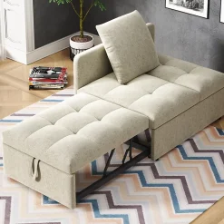 Redom Lit 177x68x65 cm convertible 3-en-1 en tissu lin beige, dossier 5 positions, idéal pour petits espaces Best