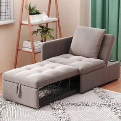 Redom Lit 177x68x65 cm convertible 3-en-1 en tissu lin gris, dossier 5 positions, compact et fonctionnel Discount