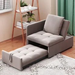 Redom Lit 177x68x65 cm convertible 3-en-1 en tissu lin gris, dossier 5 positions, compact et fonctionnel Discount