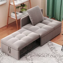 Redom Lit 177x68x65 cm convertible 3-en-1 en tissu lin gris, dossier 5 positions, compact et fonctionnel Discount