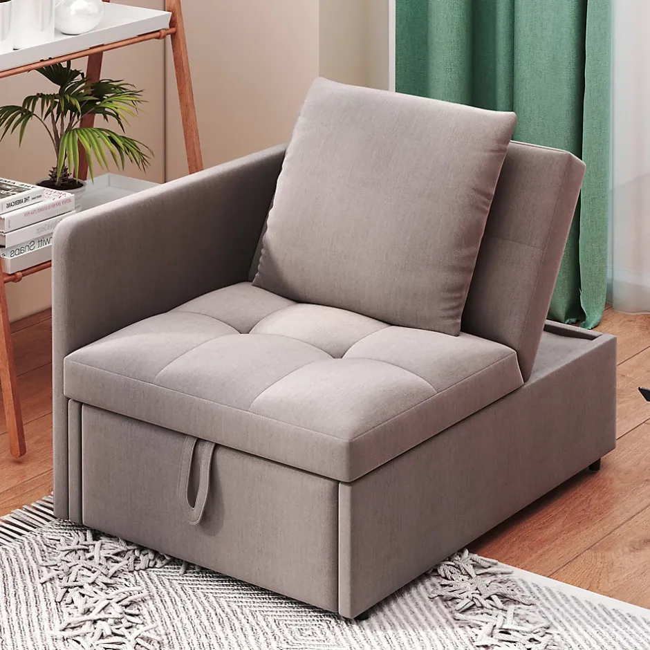 Redom Lit 177x68x65 cm convertible 3-en-1 en tissu lin gris, dossier 5 positions, compact et fonctionnel Discount