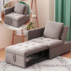 Redom Lit 177x68x65 cm convertible 3-en-1 en tissu lin gris, dossier 5 positions, compact et fonctionnel Discount