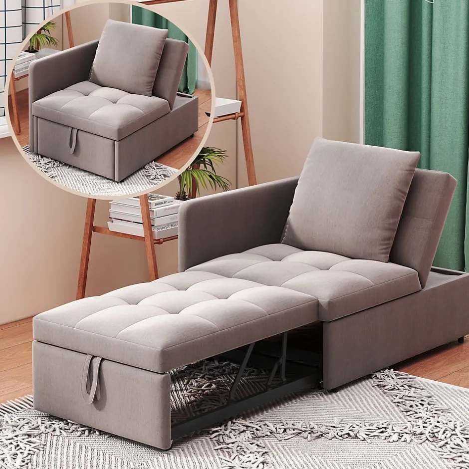 Redom Lit 177x68x65 cm convertible 3-en-1 en tissu lin gris, dossier 5 positions, compact et fonctionnel Discount
