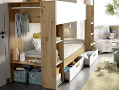 Vente-unique Lits superposés 2 x 90 x 200 cm avec rangements et penderie - Blanc et naturel + Matelas - OSANA Best