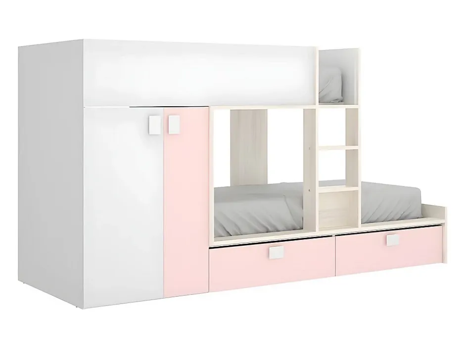 Vente-unique Lits Superposés 2 x 90 x 190 cm - Armoire intégrée - Blanc, naturel et rose - JUANITO Online