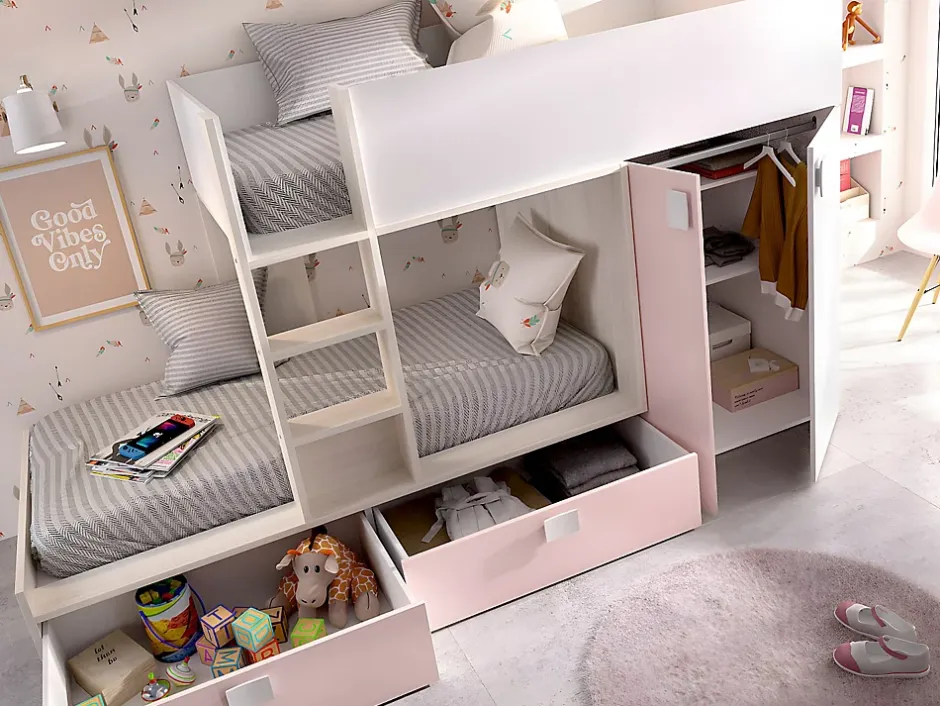 Vente-unique Lits Superposés 2 x 90 x 190 cm - Armoire intégrée - Blanc, naturel et rose - JUANITO Online