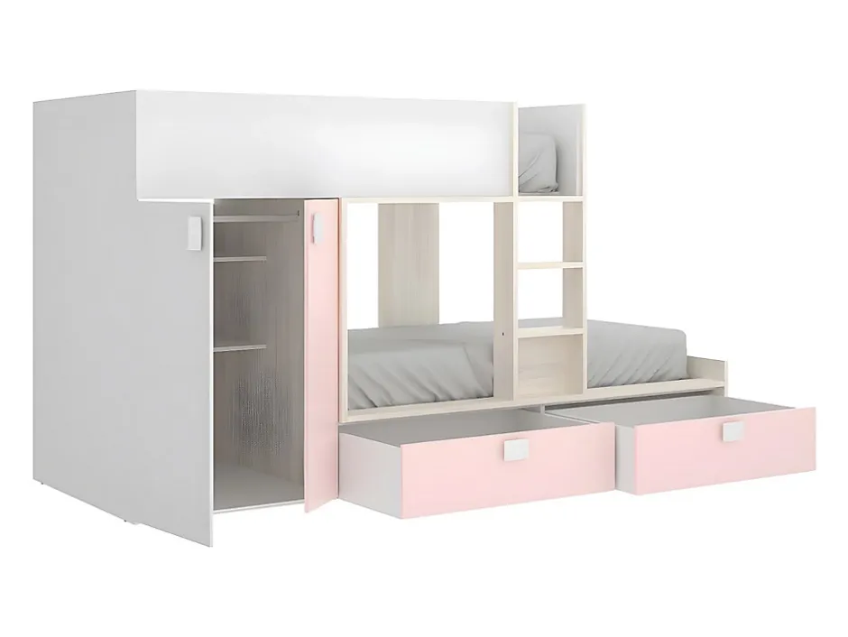 Vente-unique Lits Superposés 2 x 90 x 190 cm - Armoire intégrée - Blanc, naturel et rose - JUANITO Online