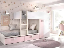 Vente-unique Lits Superposés 2 x 90 x 190 cm - Armoire intégrée - Blanc, naturel et rose - JUANITO Online