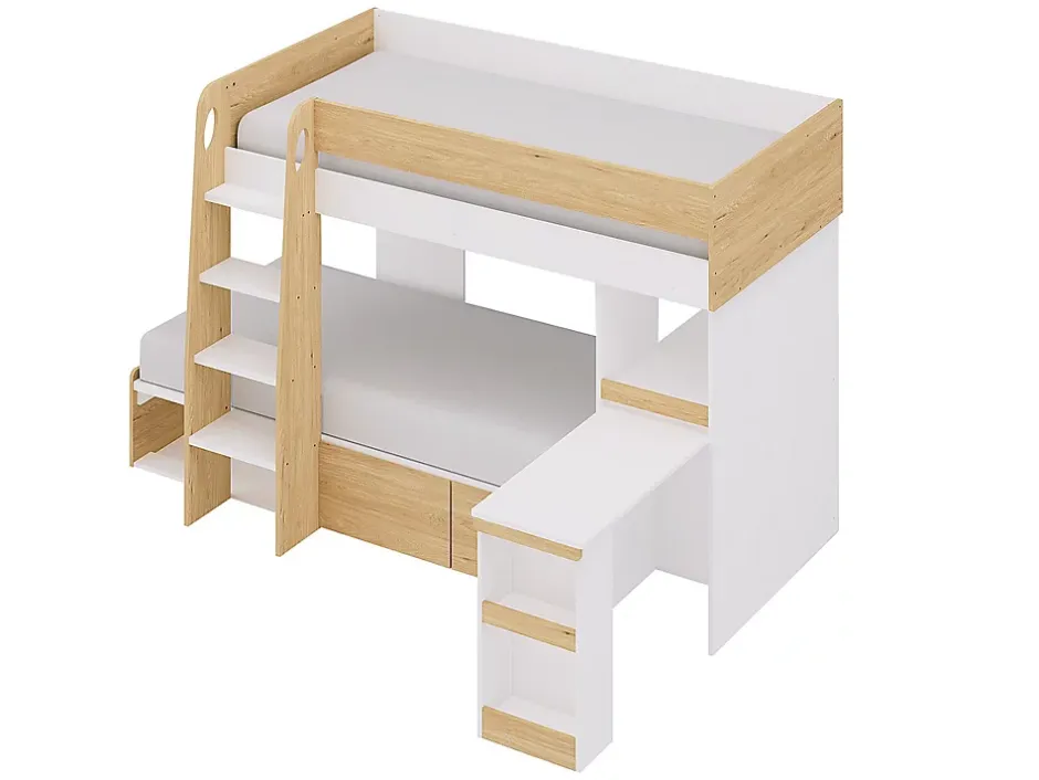 Vente-unique Lits superposés 2 x 90 x 190 cm avec bureau et rangements - Coloris : Naturel et blanc - LOMIDEN New