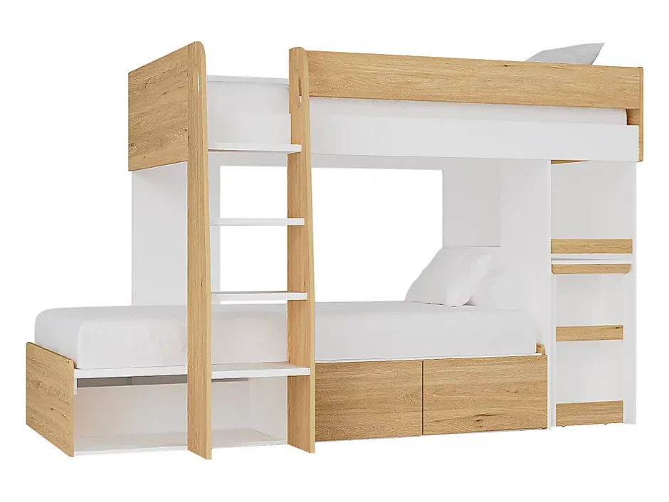 Vente-unique Lits superposés 2 x 90 x 190 cm avec bureau et rangements - Coloris : Naturel et blanc - LOMIDEN New