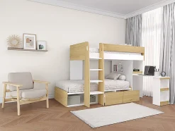 Vente-unique Lits superposés 2 x 90 x 190 cm avec bureau et rangements - Coloris : Naturel et blanc - LOMIDEN New