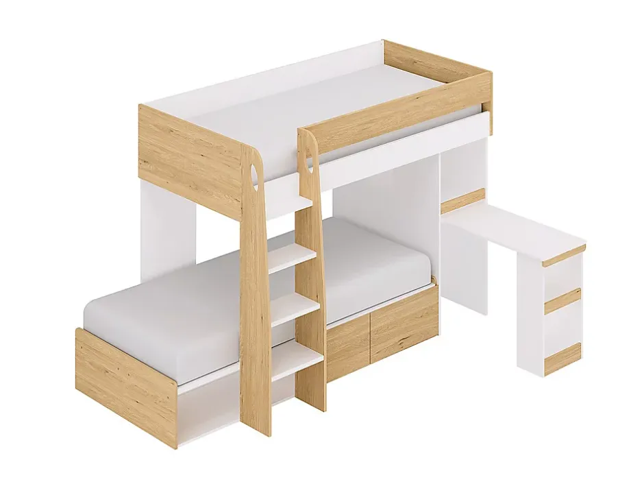 Vente-unique Lits superposés 2 x 90 x 190 cm avec bureau et rangements - Coloris : Naturel et blanc - LOMIDEN New