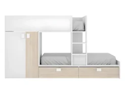 Vente-unique Lits Superposés 2 x 90 x 190 cm - Armoire intégrée - Blanc et naturel - JUANITO Outlet