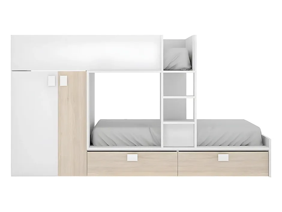 Vente-unique Lits Superposés 2 x 90 x 190 cm - Armoire intégrée - Blanc et naturel - JUANITO Outlet