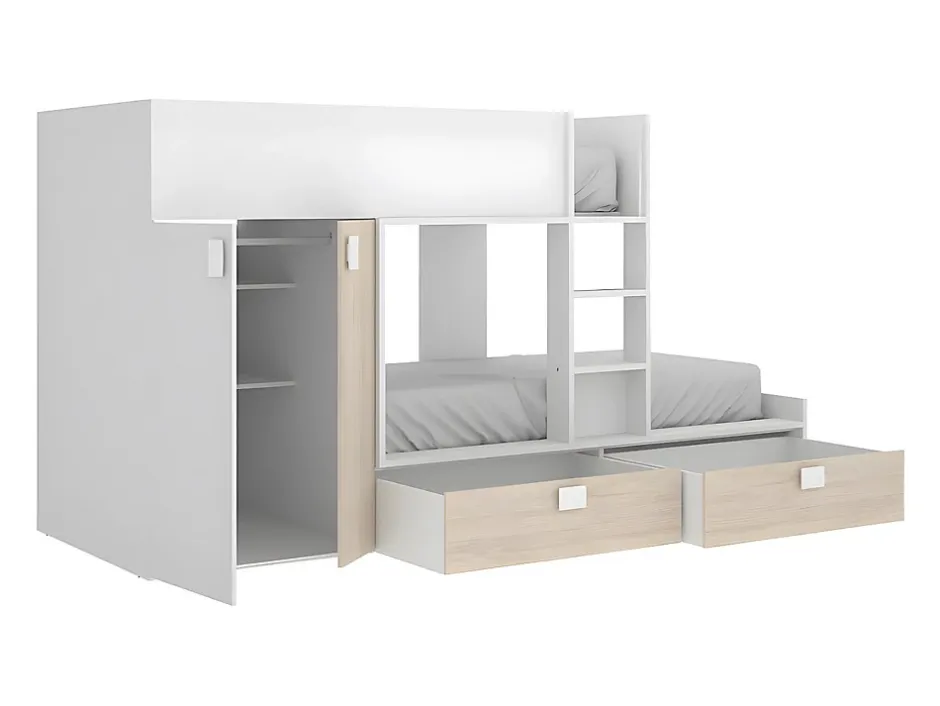 Vente-unique Lits Superposés 2 x 90 x 190 cm - Armoire intégrée - Blanc et naturel - JUANITO Outlet