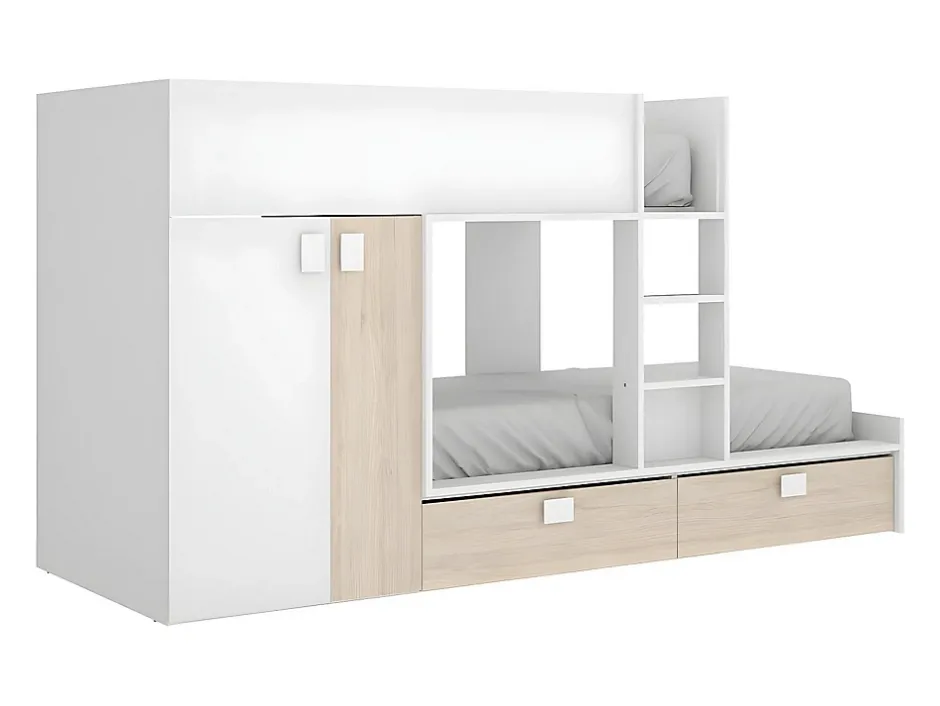Vente-unique Lits Superposés 2 x 90 x 190 cm - Armoire intégrée - Blanc et naturel - JUANITO Outlet