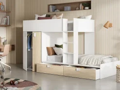 Vente-unique Lits Superposés 2 x 90 x 190 cm - Armoire intégrée - Blanc et naturel - JUANITO Outlet