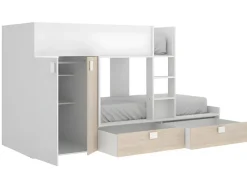 Vente-unique Lits Superposés 2 x 90 x 190 cm - Armoire intégrée - Blanc et naturel - JUANITO Outlet